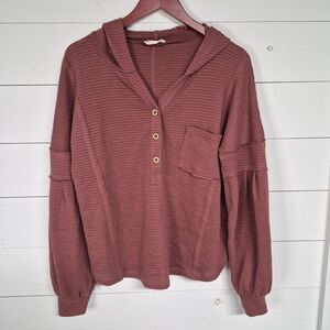 New In Raw Edge Detail Hooded Knit Woman's Top Dark Mauve Size Small